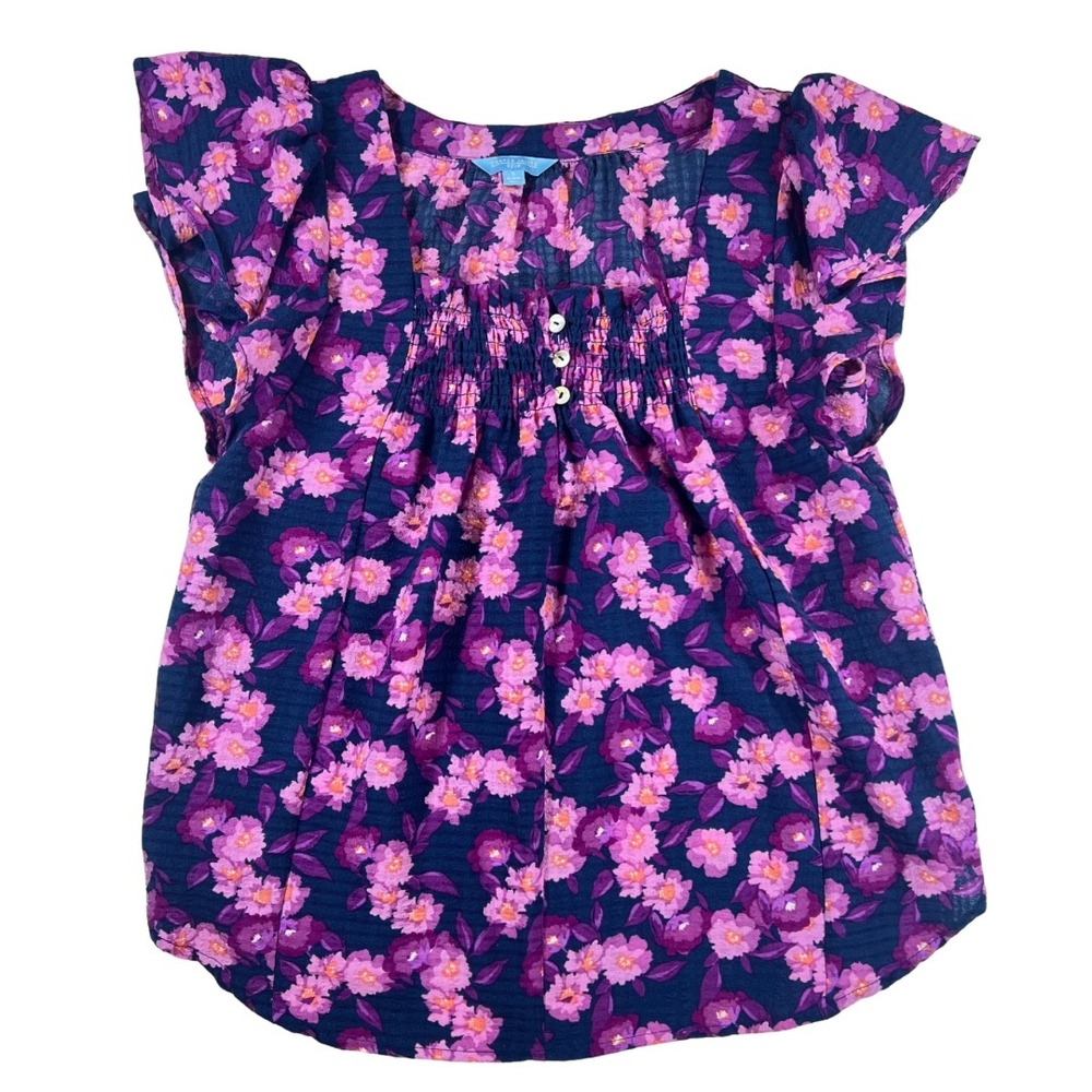 Draper James RSVP Floral Smocked‎ Blouse Women's S Purple Flutter Sleeve Top